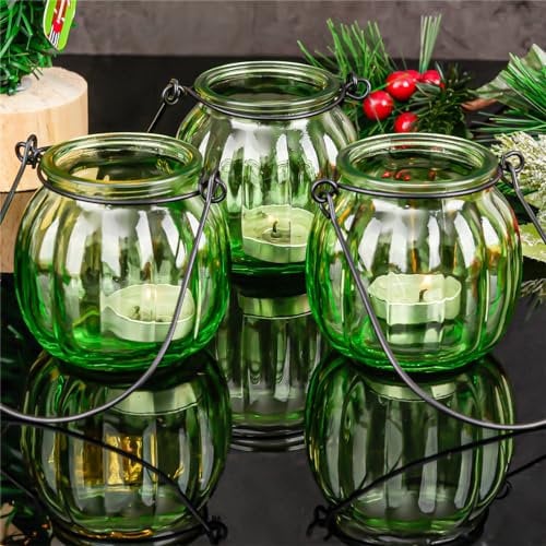 Hanging Glass Tealight Holder 6pcs, Pumpkin-Shaped Candle Holder with Wire Hangers, Glass Jar with Metal Hook for Indoor, Outdoor Use, Weddings, Garden, Table Décor, Vase (Green)