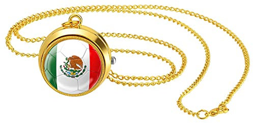 JewelryWe Taschenuhr Herren Weltmeisterschaft WM Mexiko Mexikanische Flagge Kettenuhr Analog Quarz Uhr mit Halskette Kette Pocket Watch Geschenk für Männer Frau