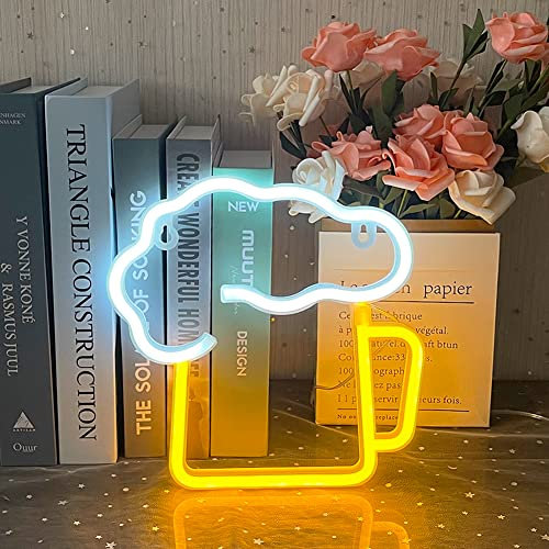 UExnkj-Y Beer Led Neon Light, Beer Neon Signs, Battery or USB Operated Bar Sign Yellow White LED Wall Art for Bar Nightclub Home Pub Store Holiday Celebration Birthday Party Decor