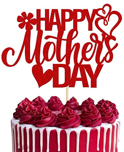 Xsstarmi 1 Pack Happy Mother's Day Cake Topper with Glitter Flower Double Heart Love Mom Best Mom Cake Pick Decorations for Happy Mother's Day Birthday Party Supplies Red
