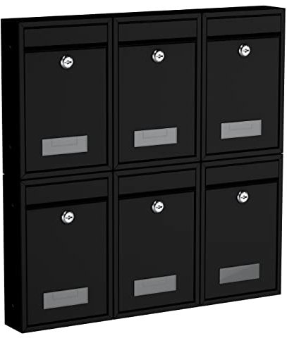 BASI | 6er Set Briefkasten | Wandbriefkasten Kompaktbriefkasten | DIN B5 | Namensschild jeweils 2 Schlüssel | Befestigungsmaterial | Briefkastenanlage | Stahlbriefkasten | Schwarz Matt | 6 Stück