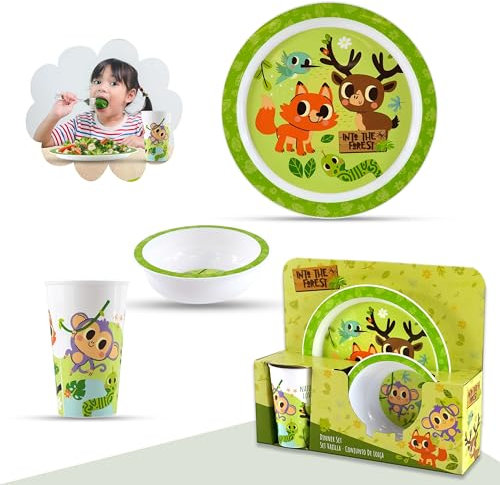 3Pcs Forest Kids Tableware Set– Reusable Plastic Plate, Bowl and Tableware Set for Children, Kids Dinnerware Set for Mealtimes 3+Years