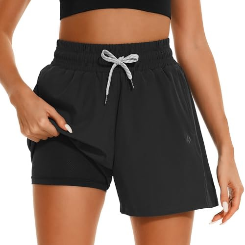 HODOSPORTS Women's 4'' Swim Shorts Quick Dry Board Shorts with Boxer Liner Pockets Swimsuit Bottoms Black L