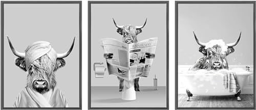 3er Set Poster Hochlandkuh Badezimmer Poster,Bilder von Geld Orang Utans und Affen,Tier Schwarz Weiß Wand Kunst Drucke,Rahmenlos (Poster-02,3Pcs-50x70cm)