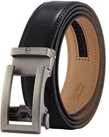 Tonywell Ceinture à cliquet pour homme, ceinture en cuir noir, sangle de 3,5 cm avec boucle automatique, Ceinture noire pour homme avec boucle, 32 to 45 Waist Adjustable