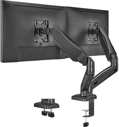 PUTORSEN Bildschirmhalterung 2 Monitore für 17-32 Zoll Flach & Curved Bildschirme, 9 kg/arm, Monitor Halterung 2 Monitore Höhenverstellbar, Neigbar Schwenkbar Drehungbar, VESA 75/100 mm Tischhalterung