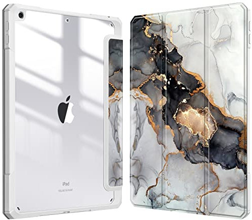 Fintie Hybrid Slim Case for iPad 9th / 8th / 7th Generation (2021/2020 / 2019) 10.2 Inch - [Built-in Pencil Holder] Shockproof Cover with Clear Transparent Back Shell, Cloudy Marble