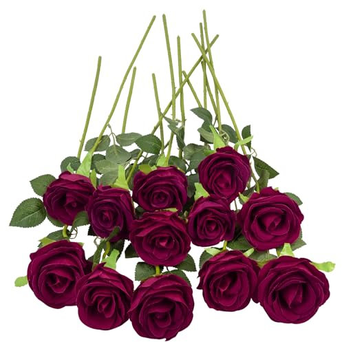 Woltoy 12 Stück Samtig Strukturiert Fake Rosen, Dunkelrot Langstielige Künstliche wie Echt Kunstrosen für Haus, Garten, Party, Hochzeitsstrauß und Büro Dekoration.
