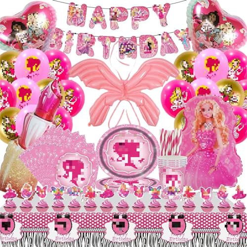 Bemoseng 101PCS Prinzessin Geburtstag deko, Prinzessin Partygeschirr, Bar-Bi Deko Geburtstag Mädchen, D-eko Bar-Bi Prinzessin G-eburtstag, Girl Party D-ekoration Luftballons, Pappteller