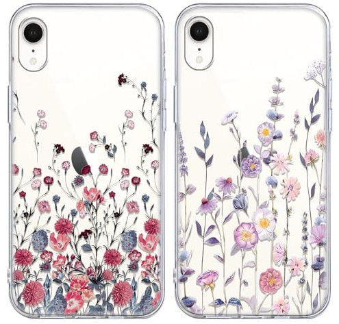 Yoedge 2 Pack Transparent Phone Case for iPhone XR 6.1, Soft TPU Silicone with Clear Flowers Aesthetics Pattern, Shockproof Bumper Protector Matte Cover for iPhone XR,Floral Girls