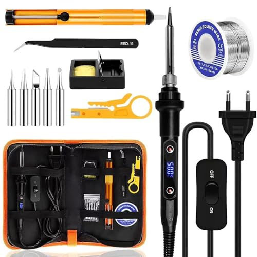 Saldatore a Stagno Kit 80W con Interruttore ON/OFF,Temperatura Regolabile 180-520℃ con Pinzette Antistatiche, Telaio in Ferro, 5 Punte,Adatto a Riparazioni di Ingegneria Elettrica, Hobbisti Fai da te