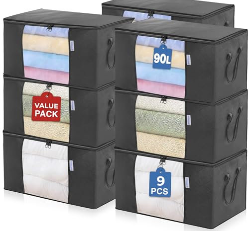 90L Large Clothes Storage Bags with Zips - 9 Pack Foldable Wardrobe Storage Organizers, Reinforced Handle and Transparent Window, Breathable Thick Fabric for Comforters, Blanket and Bedding- Grey