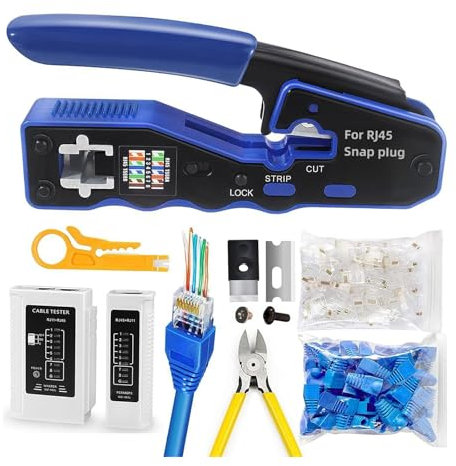 NEWFUN Pince RJ45, Pince à sertir RJ45, testeur RJ45, Testeur de Réseau, Pince à dénuder, Installation Professionnelle de Réseau, Cat5 Cat5e Cat6 Kit d'outils de Sertissage, 20 x Connecteurs RJ45