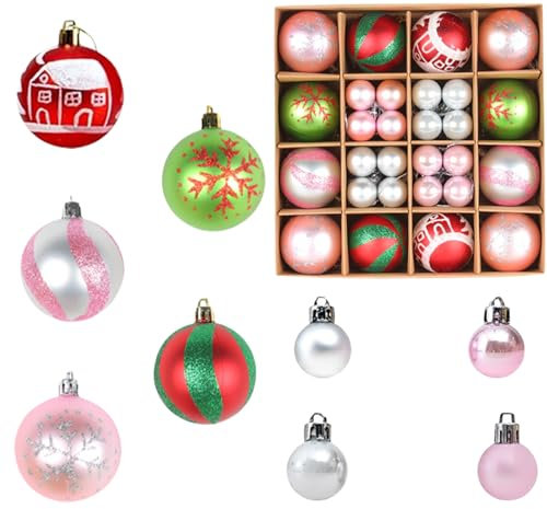 Lot de 44 mini boules de Noël en plastique à suspendre pour décoration de sapin de Noël, fête à la maison, mariage - Rose - 3 cm et 6 cm