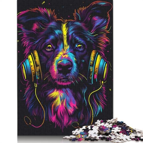 Puzzle 1000 pièces DJ Neon Border Collie Puzzles pour Enfants Puzzle en Bois Puzzle de Noël Cadeaux Taille 75x50cm