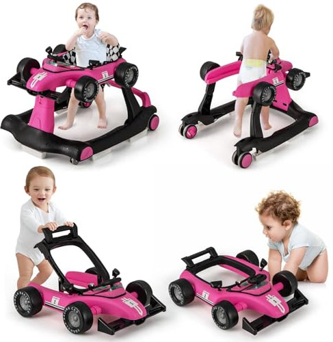 GOPLUS Trotteur Bébé Garçon Fille Évolutif 4 en 1 avec 3 Hauteur Réglable, Pliable avec Musique et Lumière, Charge 12KG, pour 6-18 Mois (Rose Vif)