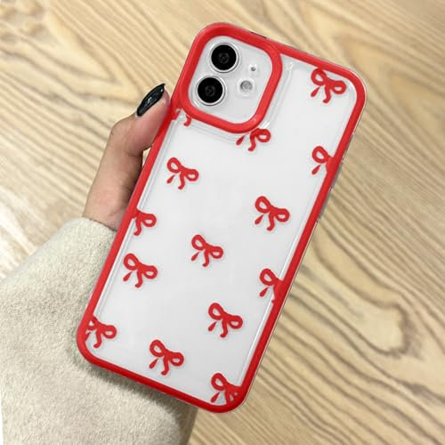 EYZUTAK Case for iPhone 12, Clear Cute Ribbon Bowknot Pattern Aesthetic Transparent Phone Case Raised Camera Protection Stylish Slim Soft Durable TPU Protective Cover for Women Girls - Red