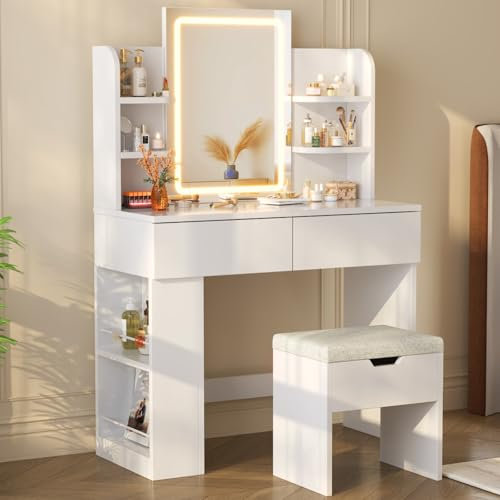 Devoko Toeletta Trucco con Sgabello,Postazione Trucco con LED,Tavolo da Trucco con Specchio, Ripiani Regolabili, 2 Cassetti, in Legno,Moderno,Bianco+Bianco