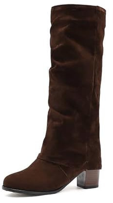 Stivali alti al ginocchio da donna con tacco a blocco, con pieghevoli, eleganti stivali lunghi a mezza gamba, in pelle scamosciata, marrone, 38 EU