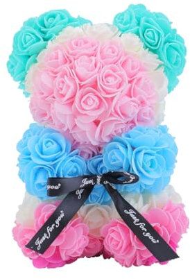 Ttiy Orso di rose artificiale fatto a mano, orsetto creativo in schiuma, regalo romantico per San Valentino, per moglie, mamma, figlia, 1 pezzo, blu e rosa