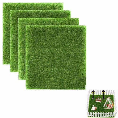 Mini Simulation Gazons,Gazon Moderne,Tapis De Pelouse Verte Artificielle,Herbe De Mousse Miniature pour Maison de Poupée Miniature pour Jardin Balcon Modèle de Construction Micro Paysage,4 Pièces