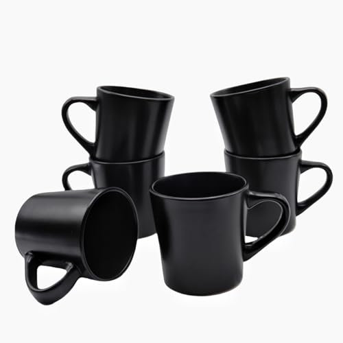 HOMD Coffee Cup Set 6-12oz Large Handle Ceramic Cup for Coffee, Soup, Tea, Milk, Latte, hot Cocoa, Ladies, Men-New Porcelain Mug Set (Dark Black)