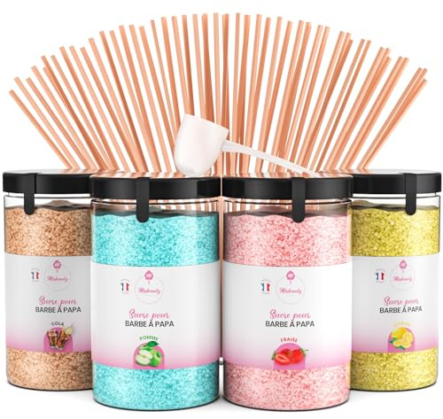 Misskandy®, Zuckerwatte Zucker (Farbstoffe ohne Azofarbstoffe) / Charge (4 * 240Gr)/Erdbeere, Apfel, Cola, Zitrone/zuckerwattemaschine zucker/Aromazucker + 50 Stäbchen (Free)