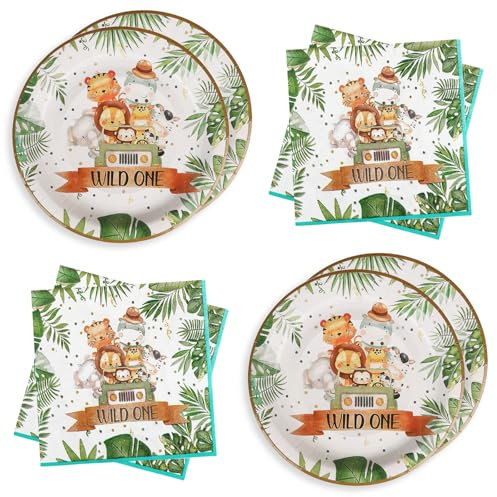WenmthG Wild One Geburtstag Deko Dschungel Safari Partygeschirr Set für 20 Gäste - Dschungel Servietten und Dschungel Pappteller für Kindergeburtstag Deko