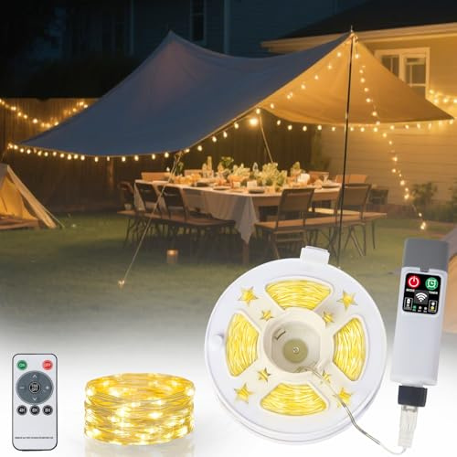 Speclux 10M 100LED Camping Lichterkette Aufrollbar mit 8 Beleuchtungsmodi, Tragbare Wasserdicht LED Lichterkette Außen, USB Aufladbar Campinglampe für Camping, Hof und Wandern