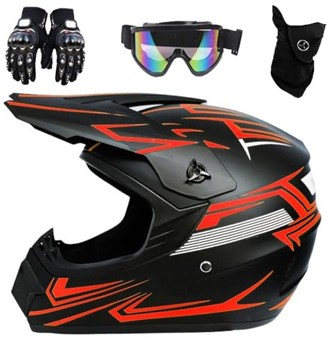 Motorradhelm für Jugendliche und Kinder, DOT-geprüft, Offroad-Motorrad-Crashhelm mit Schutzbrille, Handschuhen und Maske, Schutz für Kinder, Motocross, Offroad, Straße, Dirtbike, BMX, MX, ATV(905 Red