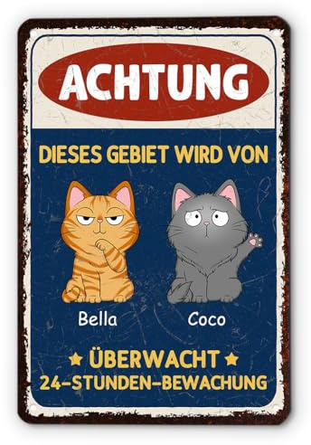 Geschenke Mall Türschild Personalisiert - Achtung Dieses Gebiet Wird Von ... Überwacht - Schild selbst gestalten, vorsicht katze schild, katze lustig, achtung katze schild (2 Katzen)