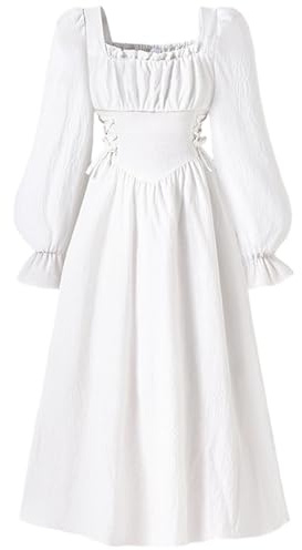 Girls Square Neck Midi Corset Dress Puff Long Sleeve A-Line Lined Casual Flowy Dress Elastic Waist Back Smocked
