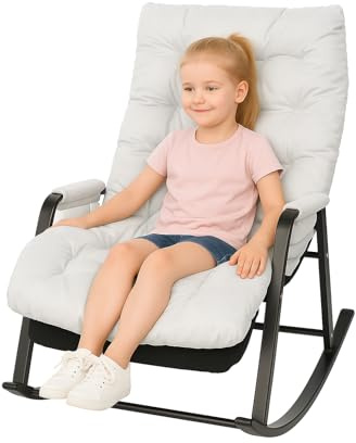 Sedia a Dondolo Poltrona a Dondolo per Bambini 3 Anni+ con Braccioli e Tasca Laterale Struttura in Acciaio Poggiapiedi Regolabile a 5 Altezze Portata 250 kg Soggiorno Camera da Letto Bianco