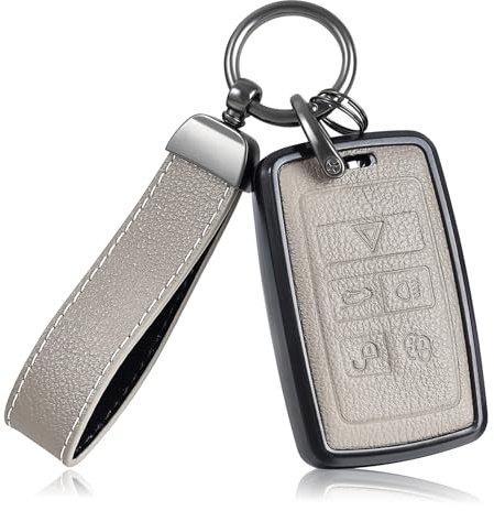 OFF WE GO Autoschlüssel Hülle Leder Schlüsselhülle Cover für Land Rover Range Sport Evoque Freelander Discovery Defender Jaguar Schutz Gehäuse mit Schlüsselanhänger Schlüsselcover, Grau