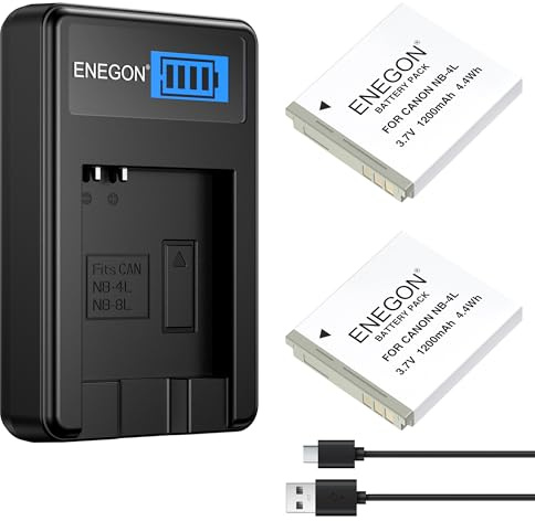 ENEGON 2er-Pack NB-4L Akkus 1200mAh mit passendem Ladegerät | Inkl. USB-C Ladekabel & LCD-Anzeige, für Canon IXUS 30/40/50/55/60/65/70/75/80/100/110/120/130IS/115/220/230/255 HS