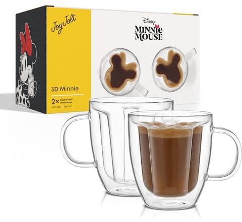 JoyJolt Disney Minnie Mouse 3D Doppelwandige Glastassen mit Griffen, 370 ml Glas-Kaffeetassen, 2er-Set, isolierte klare Gläser für Tee oder Latte, Disney-Gläser