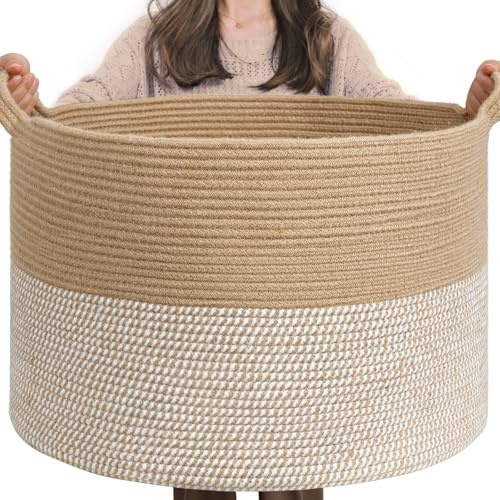 TIMEYARD Geflochtener Aufbewahrungskorb, 55 × 35 cm, Weiß & Jute | Für Decken, Kleidung und Schuhe Mit Griffen Ideal für Wohn- und Schlafzimmer Stabil