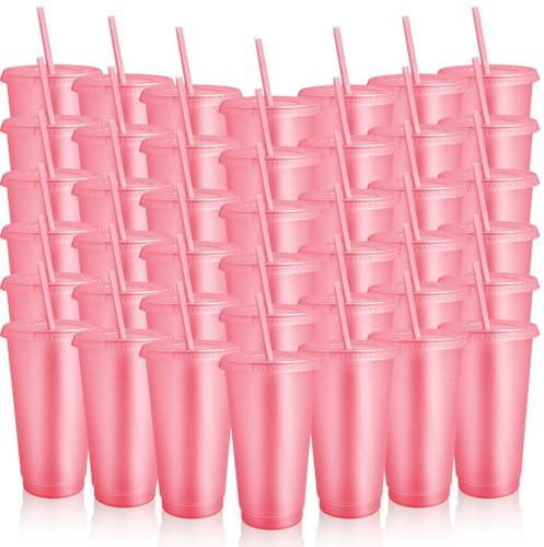 OGMBI 60 Pack Pink Plastic Cups with Lids and Straws, 24 oz Reusable Glitter Tumbler Bulk, Iced Coffee Cup Travel Mug for Beach Picnic Birthday Hen Party