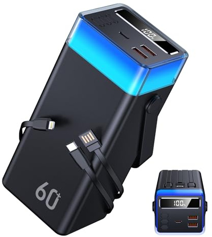 Powerbank 60000mAh mit Kabel, 22,5W PD USB-C Schnellladegerät, Externer Akku mit 3 integrierten Kabeln, 5 Ausgänge & 2 Eingänge, Powerbank für Camping, Reise & Outdoor