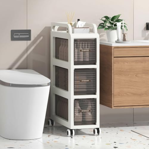 ZHYOCOGY Bathroom Storage with Drawers, 20cm Wide Slim Storage Cabinet | with Wheels for Small Spaces, Narraw Cart for Kitchen Office Bedroom Dinning Room Under Desk, 67cm Tall