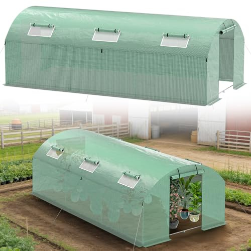 Jaxguom Greenhouse - Invernadero de plástico (3 x 6 m, 18 m², con base de tubo galvanizado, incluye anclajes de tierra y 4 ventanas enrollables con mosquitera y 140 g/m², resistente a los rayos UV)