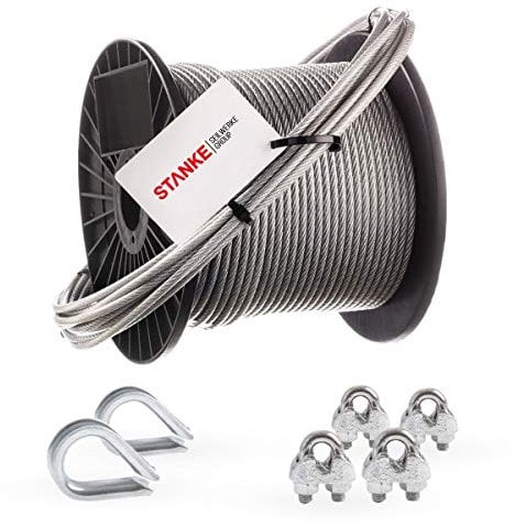 Seilwerk STANKE Corda in acciaio zincato con rivestimento in pvc 100m fune in acciaio con un diametro di 5mm 6x7, 2x ditale, 4x fascetta per arco - SET 1