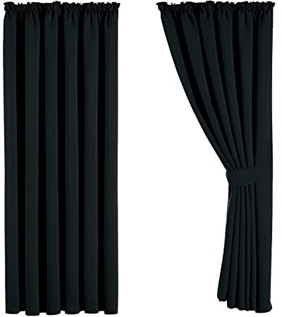 Aspire Homeware Blackout Curtains for Living Room Black Pencil Pleat Bedroom Curtains 90x90 Drop Pair of Thermal Insulated Super Soft Black Out Long Curtain with Tie Backs, 2 Panel