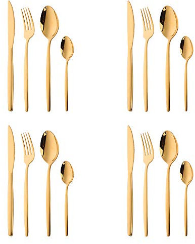 BISDARUN Stainless Steel Flatware Unusual Cutlery 4 Set(16-Piece) Service for 4 People Gold Coloured Funky Silverware Dinner Spoons Forks Knives Set for Wedding Party