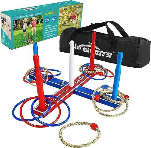 Win SPORTS Premium Quoits Garden Game Set,Wooden Ring Toss Game Indoor Outdoor Games for Kids Adults,Includes Wood Base,8 Ropes and 8 Plastic Rings,Carry Bag,Instruction