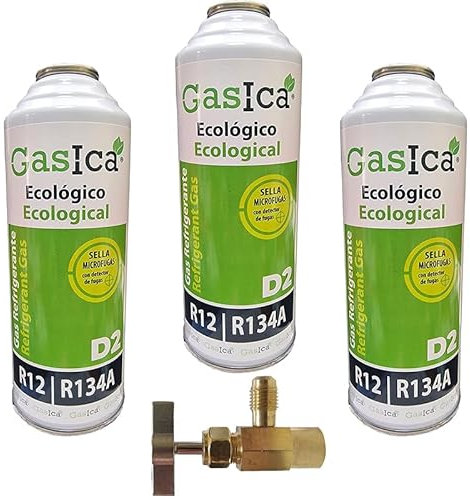 REPORSHOP - 3 Botellas Gas Gasica D2 226g + Valvula Alternativo R12, R134A Freeze