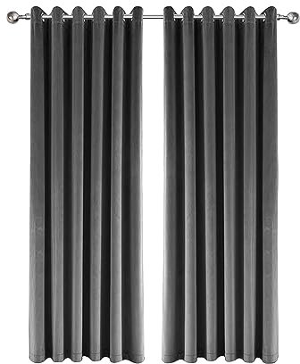 Imperial Rooms Crushed Velvet Curtains for Bedroom 66x90 Inch Grey Eyelet Blackout Curtains Privacy Protection Ring Top Thermal Insulated Curtain 2 Panel with Matching Tiebacks