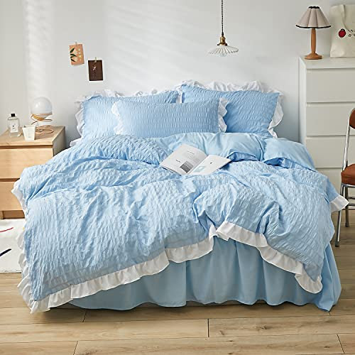 Lanqinglv Seersucker Bettwäsche 155x220 cm Blau Hellblau mit Weiß Rüschen,Elegant Bettbezug Deckenbezug mit Reißverschluss mit 1 Kissenbezug 80x80