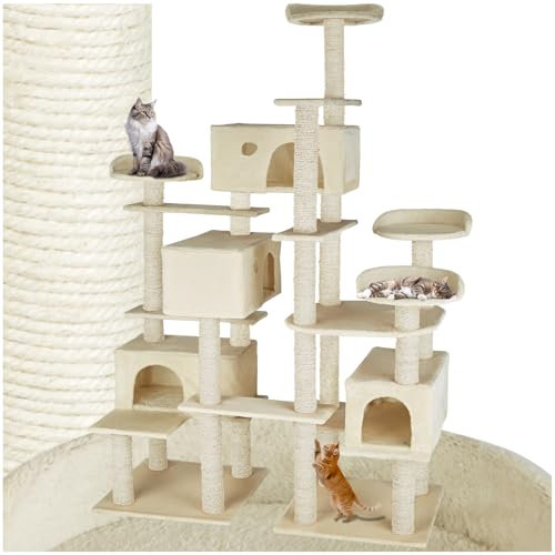 tectake® Katzen Kratzbaum groß, Katzenbaum mit Zubehör für Katze, XXL Katzenkratzbaum mit 4X Katzenhaus, Spielturm mit Kratzsäule, Kratzstamm aus Sisal, Wand Montage möglich - beige