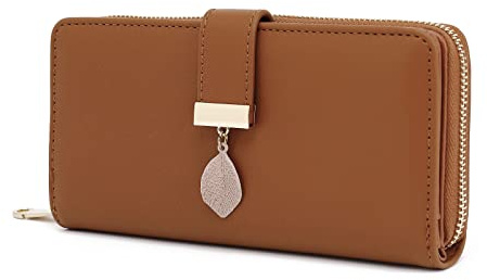 Portefeuille Femme Grand Format Long, Porte Feuille Avec Feuille Unique Exclusive Et DéCor De Tissage éLéGant, Porte Feuille Femme Avec Fermeture éClair Et Bouton Pression Et De Nombreux Compartiments
